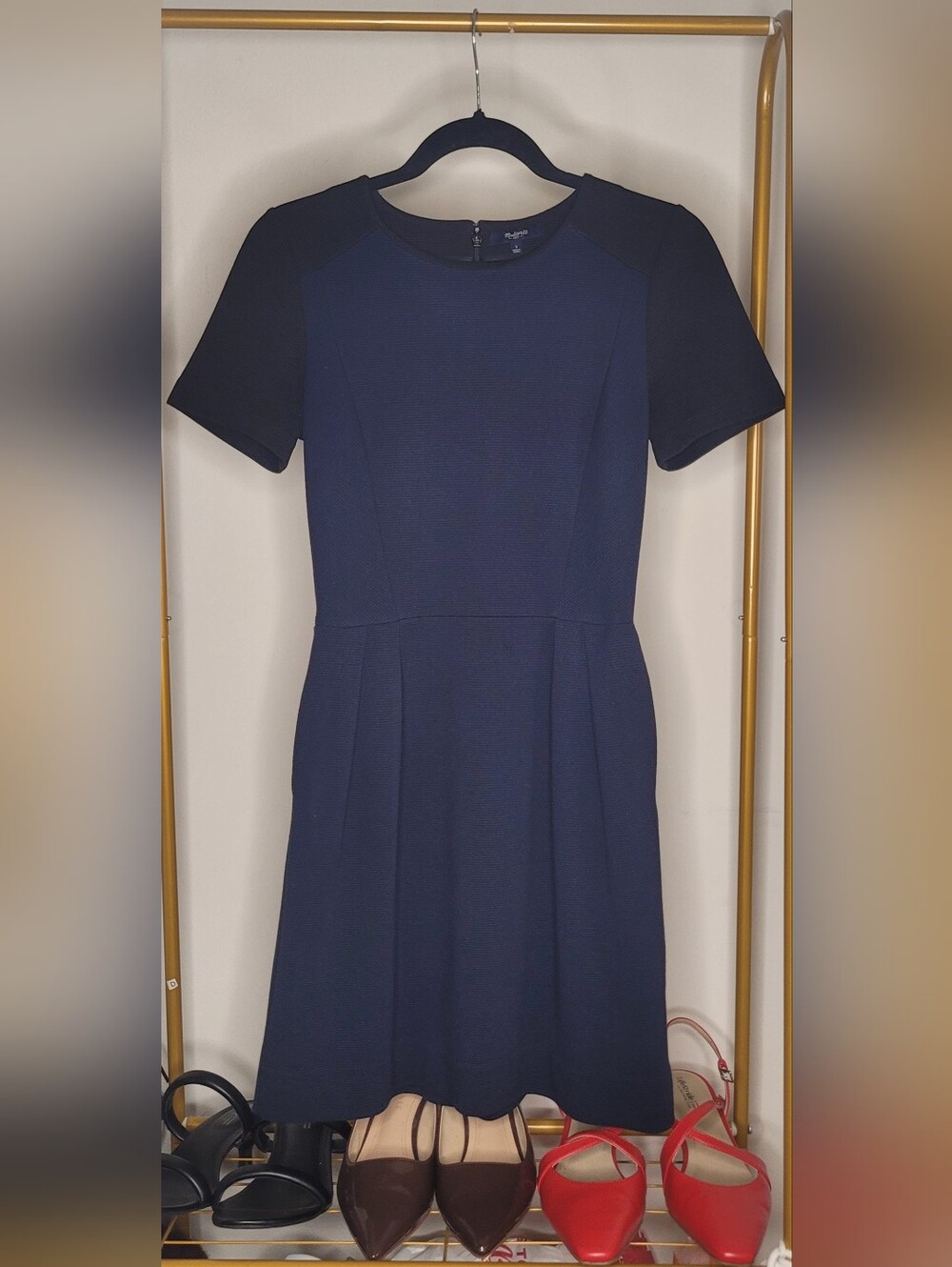Madewell Navy Short-Sleeve Fit-and-Flare Dress